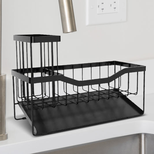 Cheer Collection Stainless Steel Sink Caddy Sponge Holder with Drain Tray and Brush Organizer