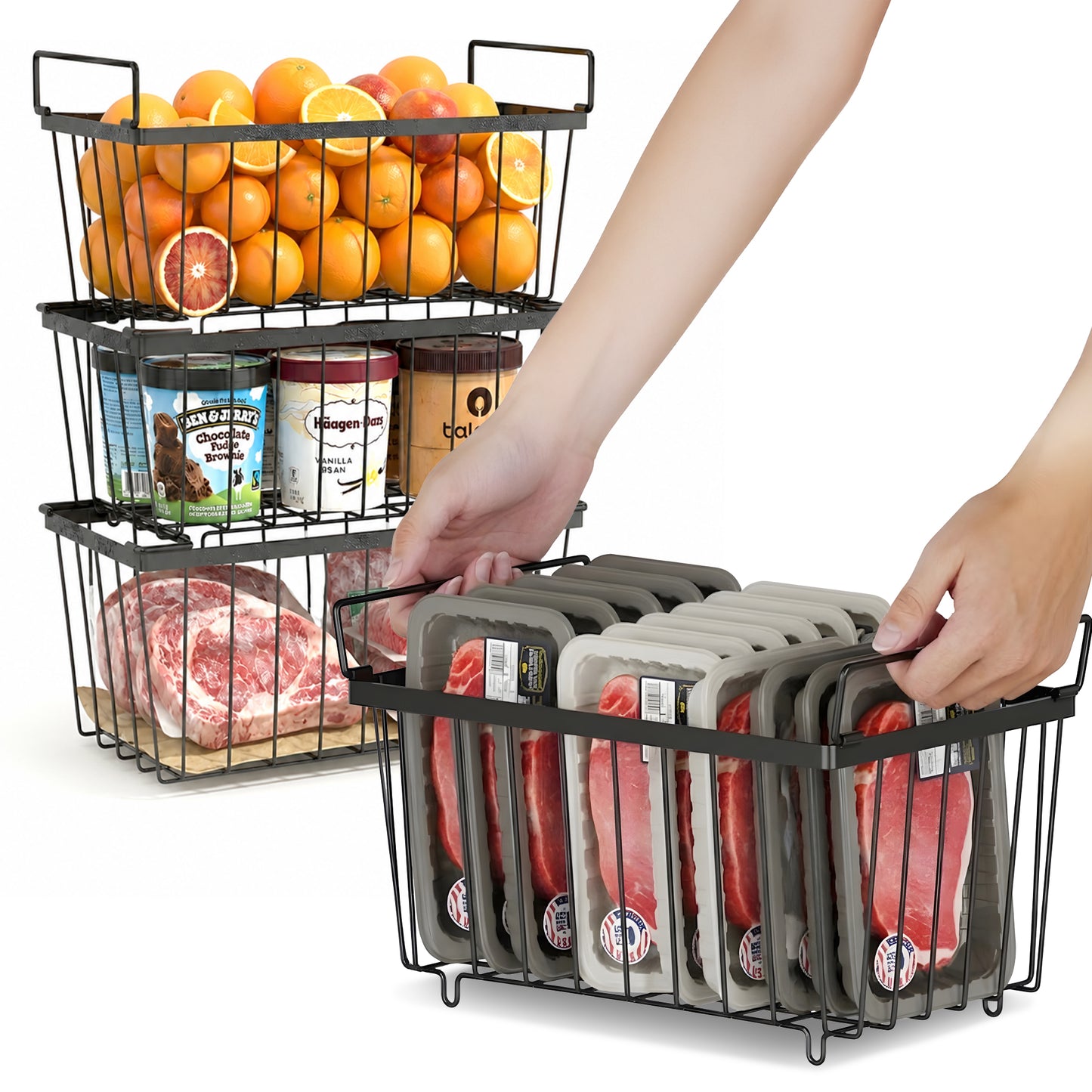Cheer Collection Stackable Metal Freezer Organizer Baskets for Freezer & Home Storage, Set of 4