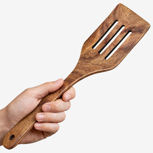 Cheer Collection Teak Wood Slotted Spatula for Cooking with Drain Slots and Nonstick Safe Design