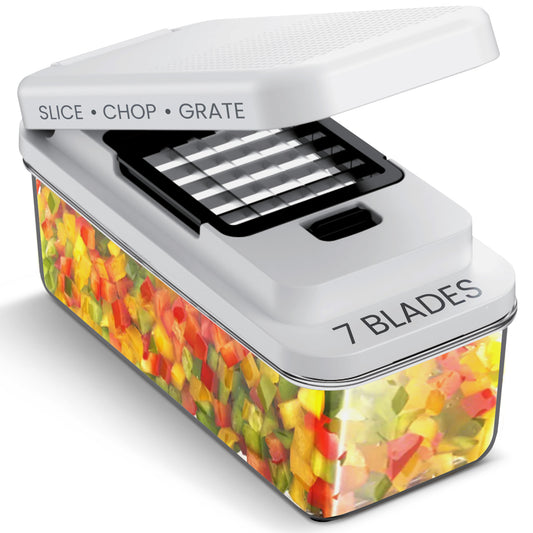 Cheer Collection 7 Blade Vegetable Slicer and Chopper with Container and Lid Black and White