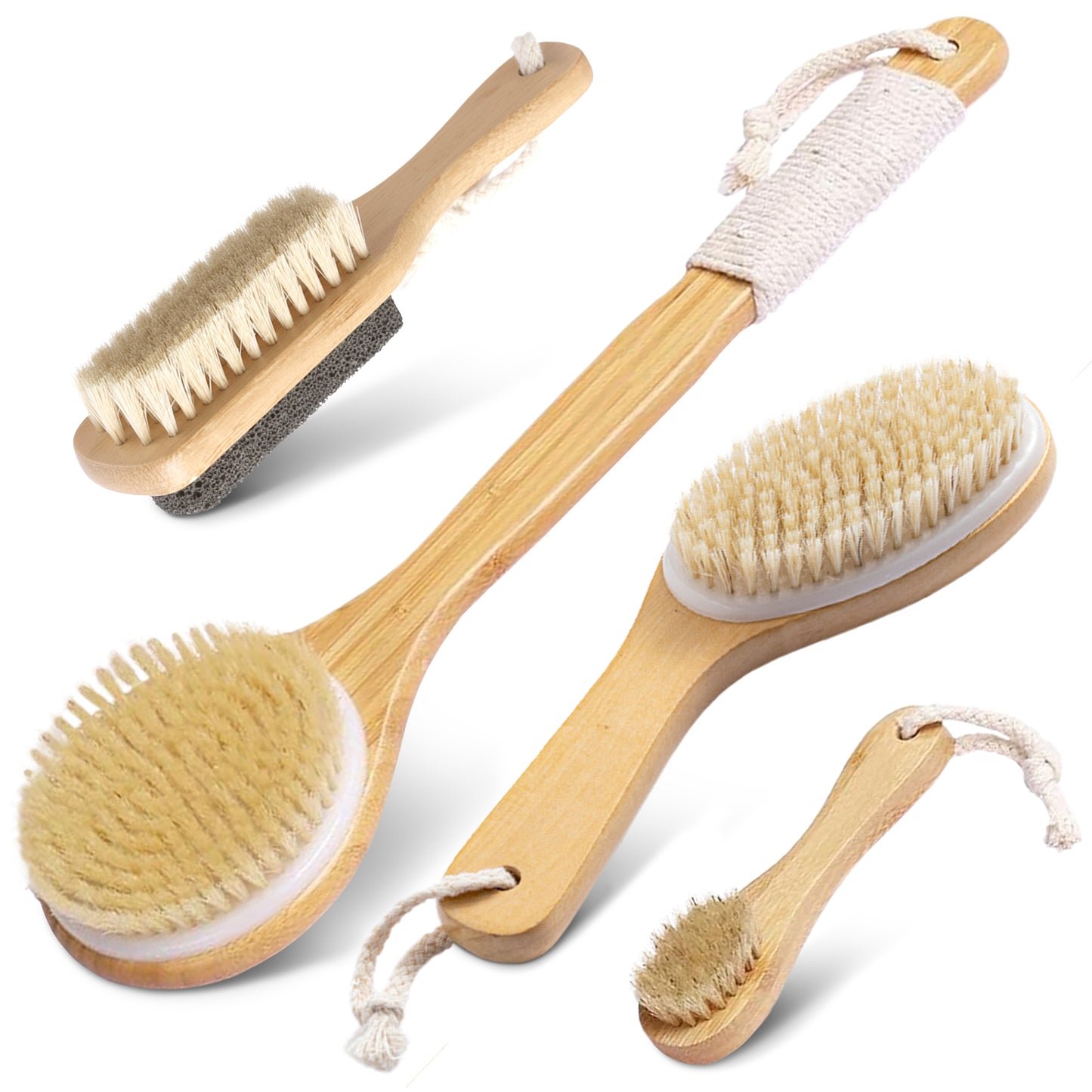 Cheer Collection Natural Bristle Shower Body Brush Set of 4 for Wet or Dry Brushing