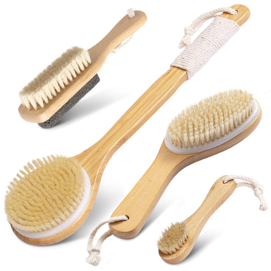Cheer Collection Natural Bristle Shower Body Brush Set of 4 for Wet or Dry Brushing