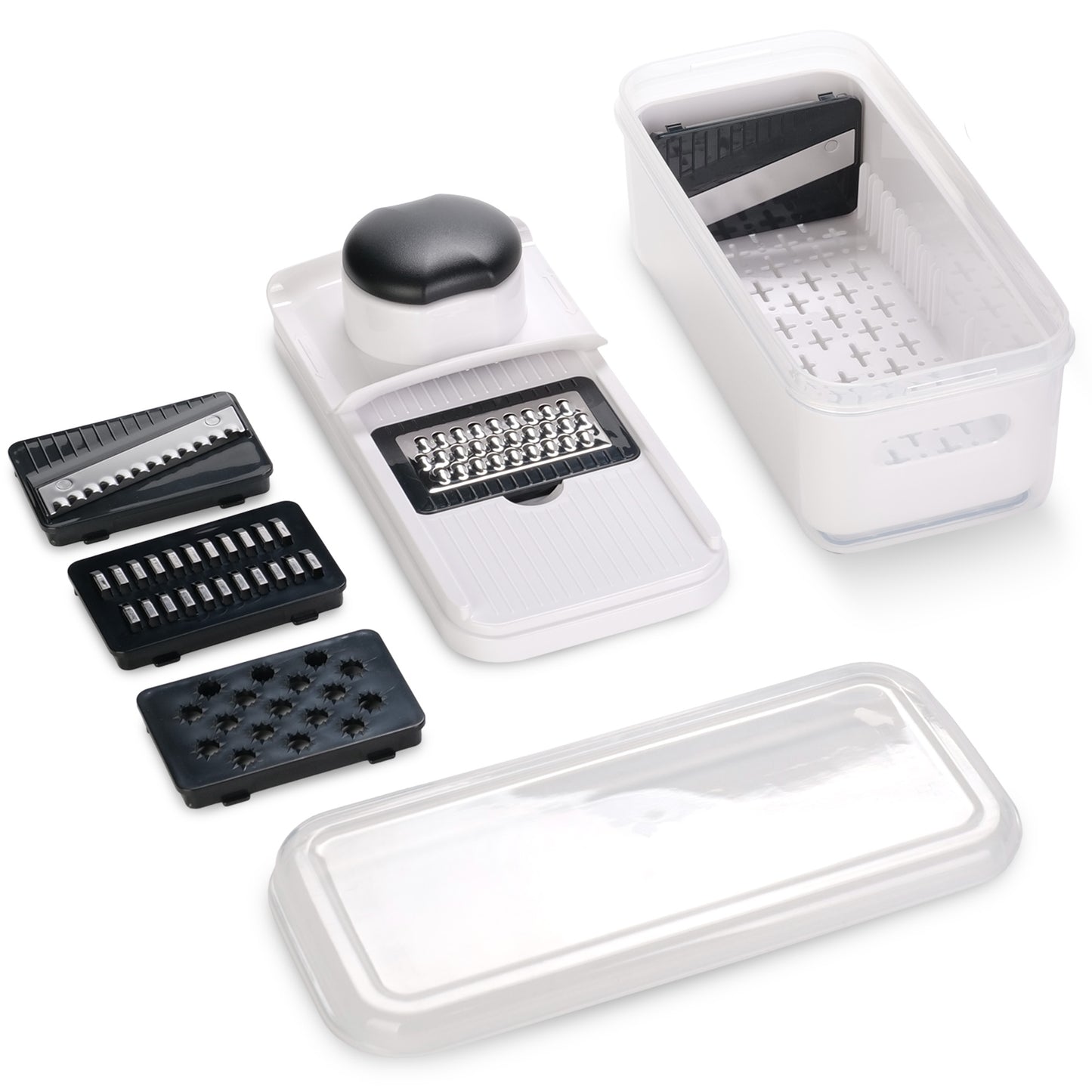Cheer Collection Vegetable Slicer Mandoline and Grater Set with 5 Blades and Container Black and White