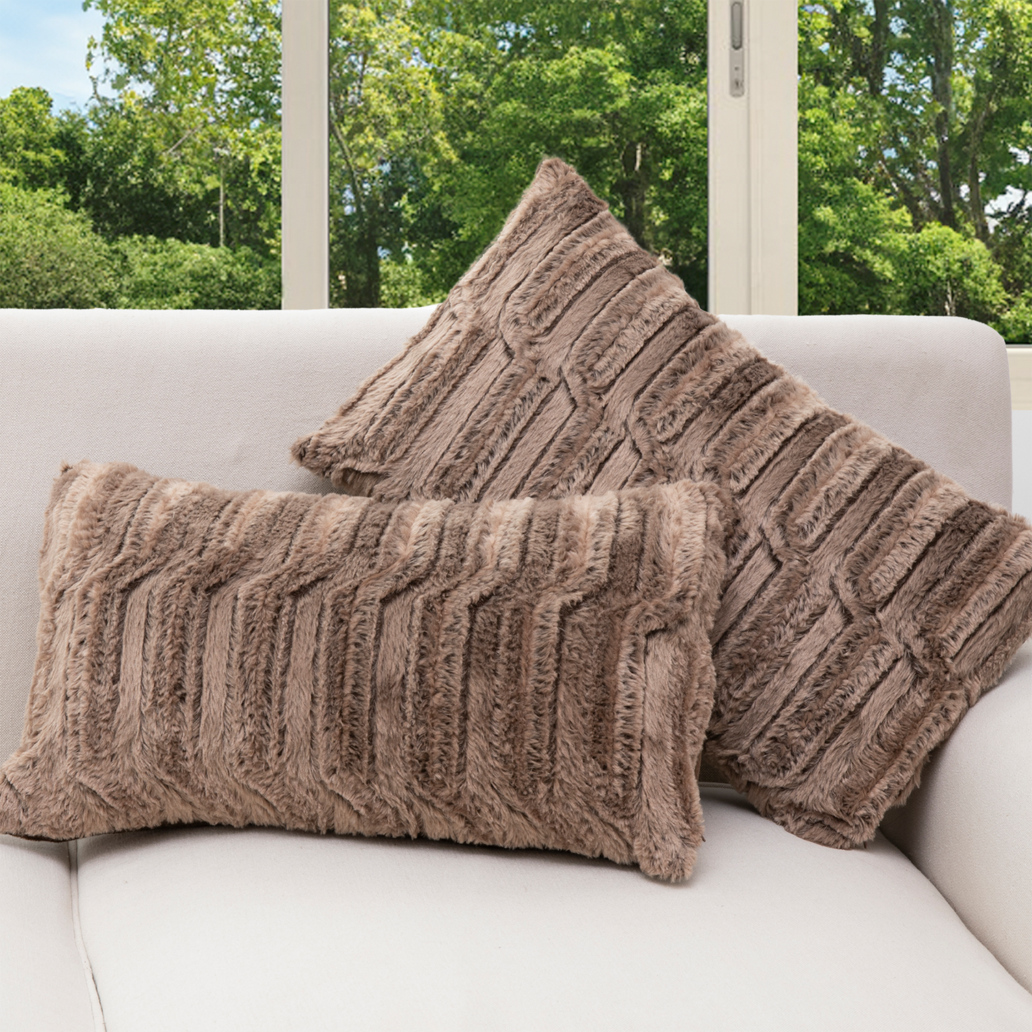 Cheer Collection Decorative Faux Fur Throw Pillow  with Inserts - Luxuriously Soft Bamboo Design Accent Pillows – 12” x 20” - Set of 2