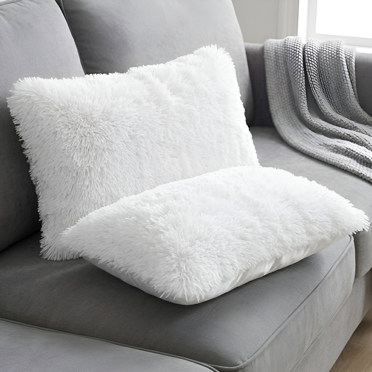 Cheer Collection  Shaggy Long Hair Throw Pillows - Super Soft and Plush Faux Fur Lumbar Accent Pillows - 12 x 20 - Set of 2