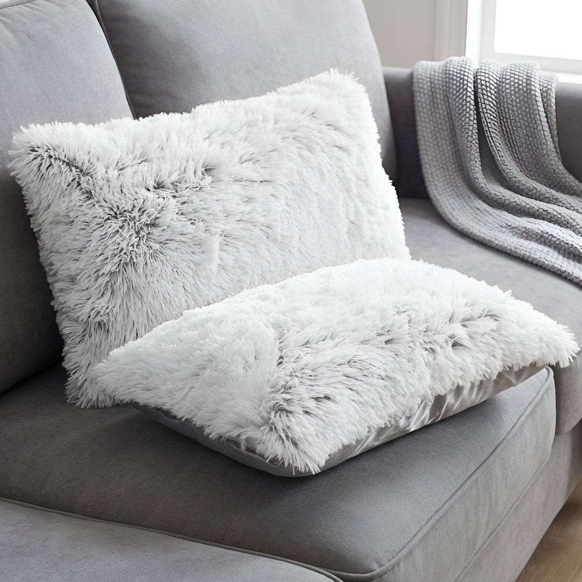 Cheer Collection  Shaggy Long Hair Throw Pillows - Super Soft and Plush Faux Fur Lumbar Accent Pillows - 12 x 20 - Set of 2