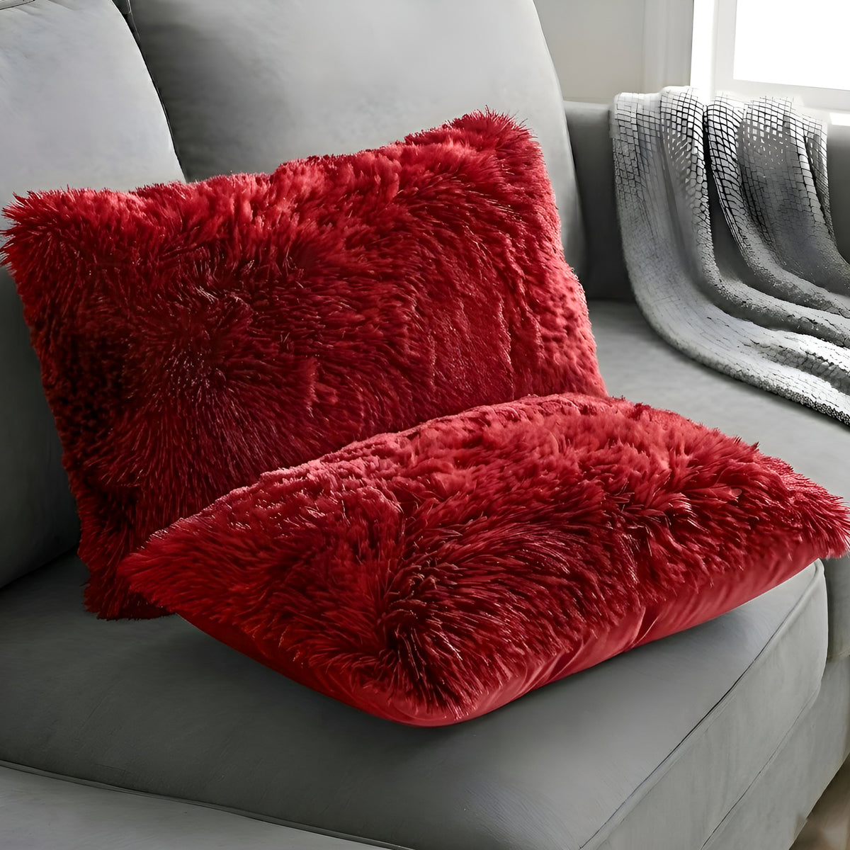 Cheer Collection  Shaggy Long Hair Throw Pillows - Super Soft and Plush Faux Fur Lumbar Accent Pillows - 12 x 20 - Set of 2