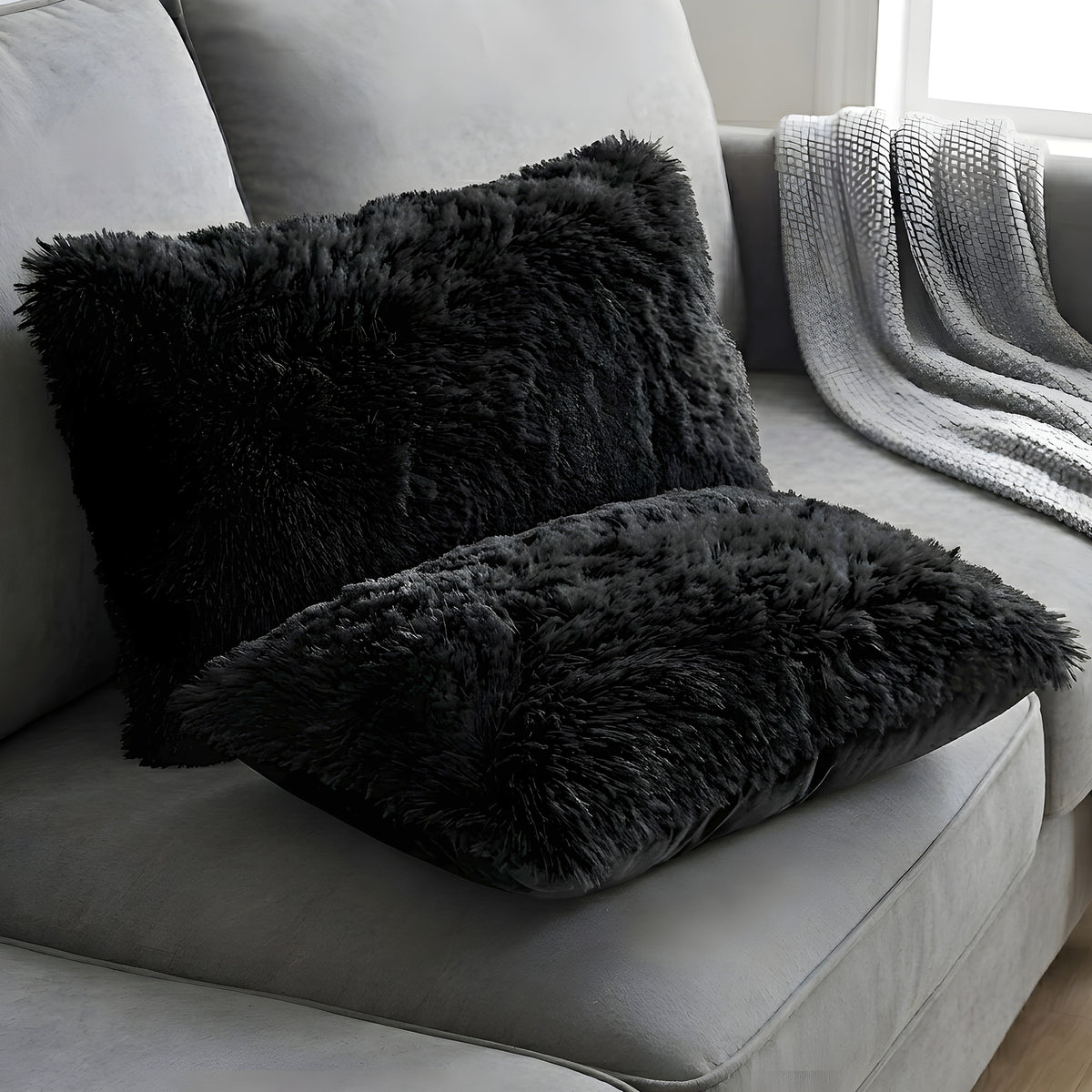 Cheer Collection  Shaggy Long Hair Throw Pillows - Super Soft and Plush Faux Fur Lumbar Accent Pillows - 12 x 20 - Set of 2