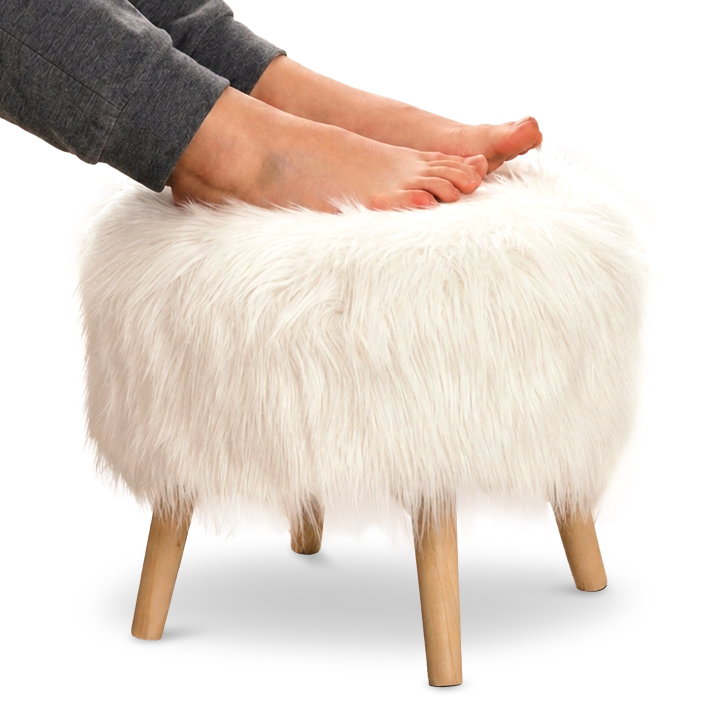 Cheer Collection Faux Fur Wood Leg Stool, White