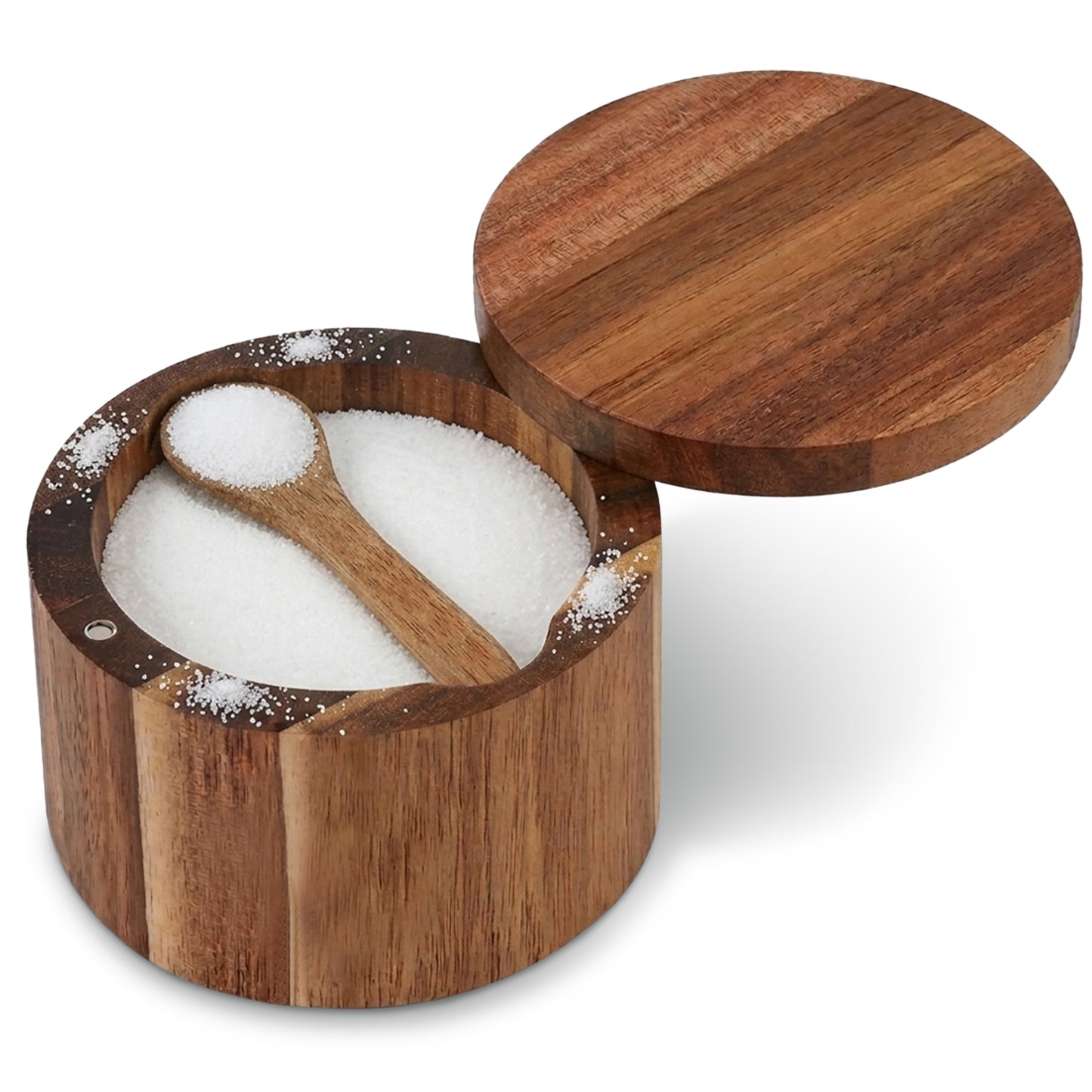 Cheer Collection Acacia Wood Salt Cellar with Magnetic Swivel Lid & Spoon