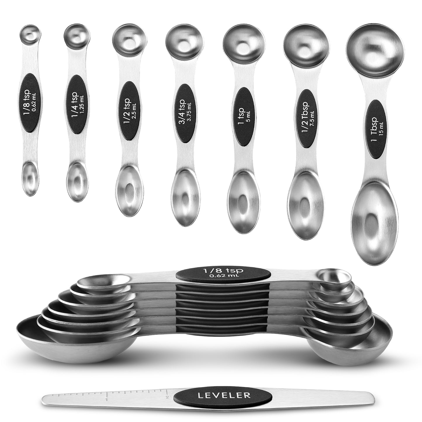 Cheer Collection Magnetic Stainless Steel Measuring Spoons Set with Leveler for Baking Cooking