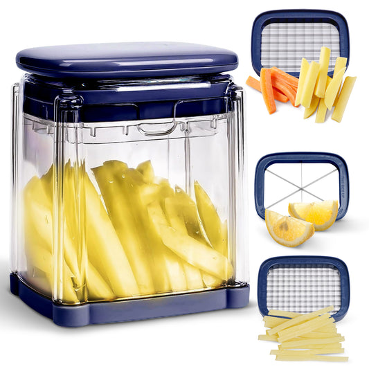 Cheer Collection Vegetable Chop Box with 3 Interchangeable Blades, Navy Blue