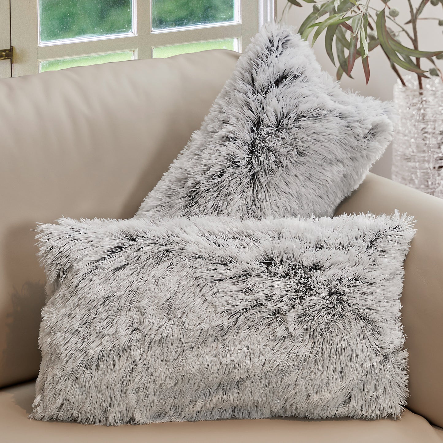 Cheer Collection  Shaggy Long Hair Throw Pillows - Super Soft and Plush Faux Fur Lumbar Accent Pillows - 12 x 20 - Set of 2