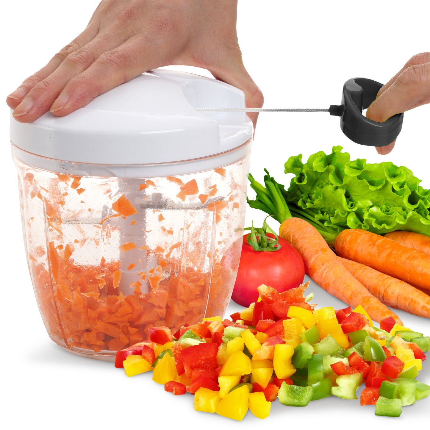 Cheer Collection Manual Vegetable Chopper with Pull String, 30oz, Black and White