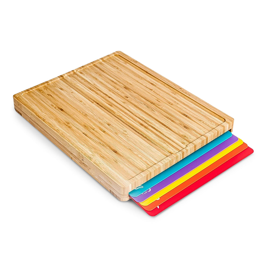 Cheer Collection Wood Cutting Board Set with Color Coded Trays