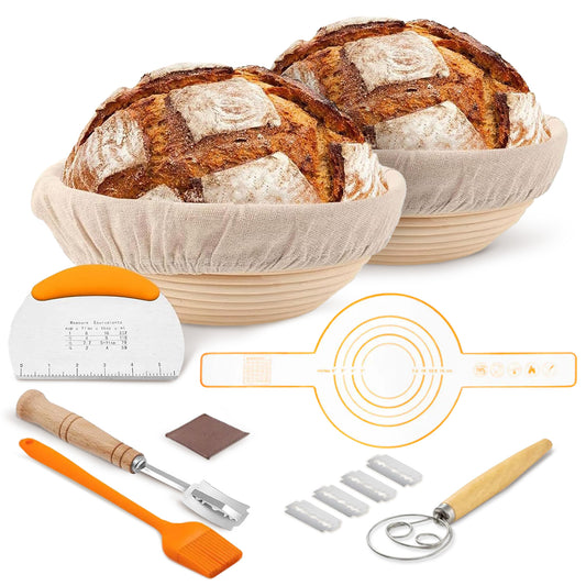Cheer Collection 2-Piece Bread Proofing Basket Set – Premium Round Rattan Sourdough Banneton Kit with Essential Baking Tools