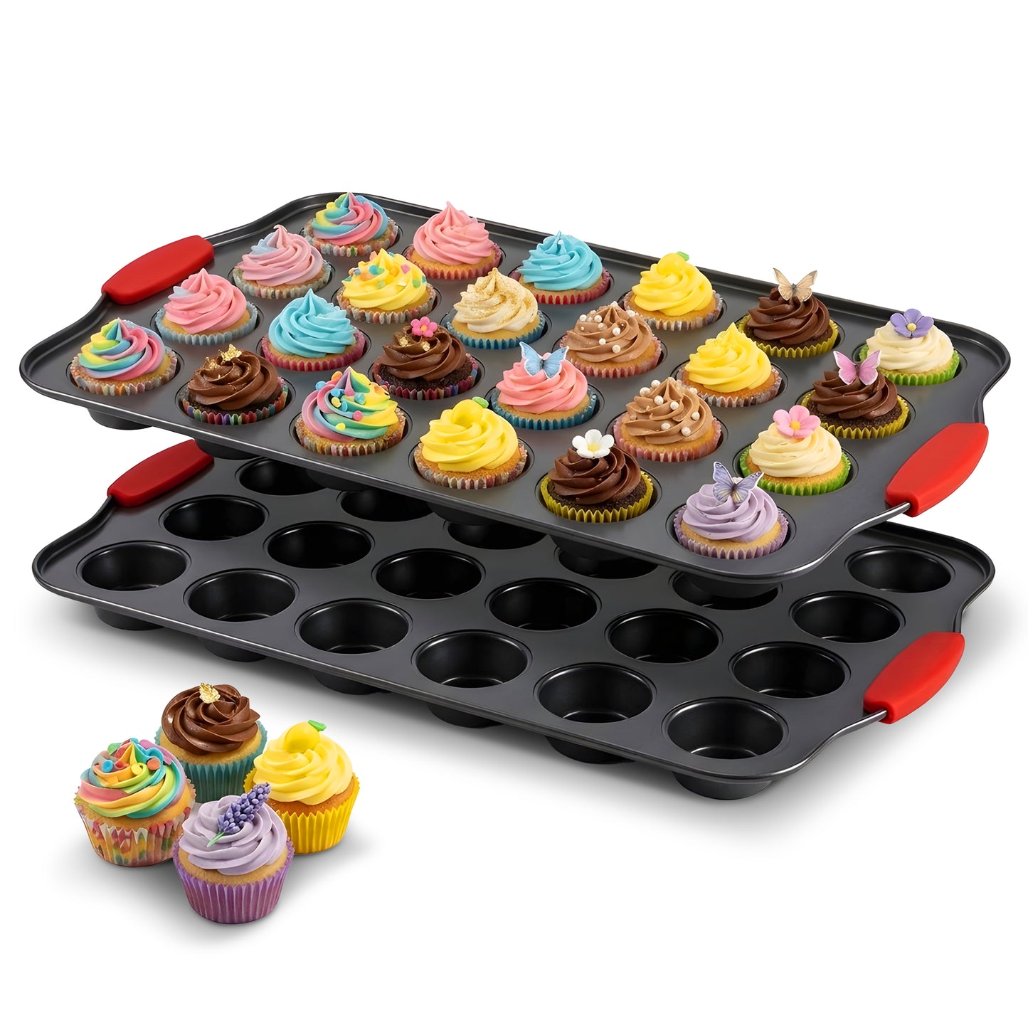 Cheer Collection 24-Cup Carbon Steel Mini Muffin Pans with Silicone Handles, Set of 2