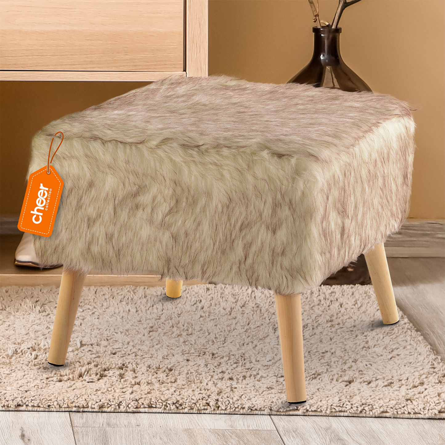 Cheer Collection Faux Fur Wood Leg Stool