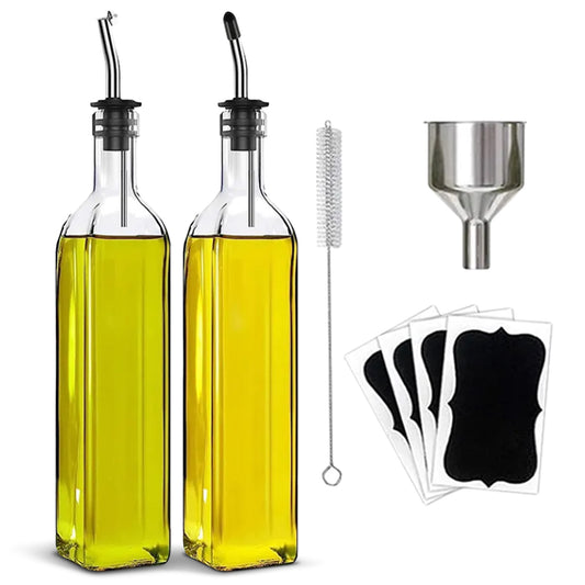 Cheer Collection 2 Pack Glass Olive Oil Dispenser Set 17oz with Funnel Brush Spouts and Labels