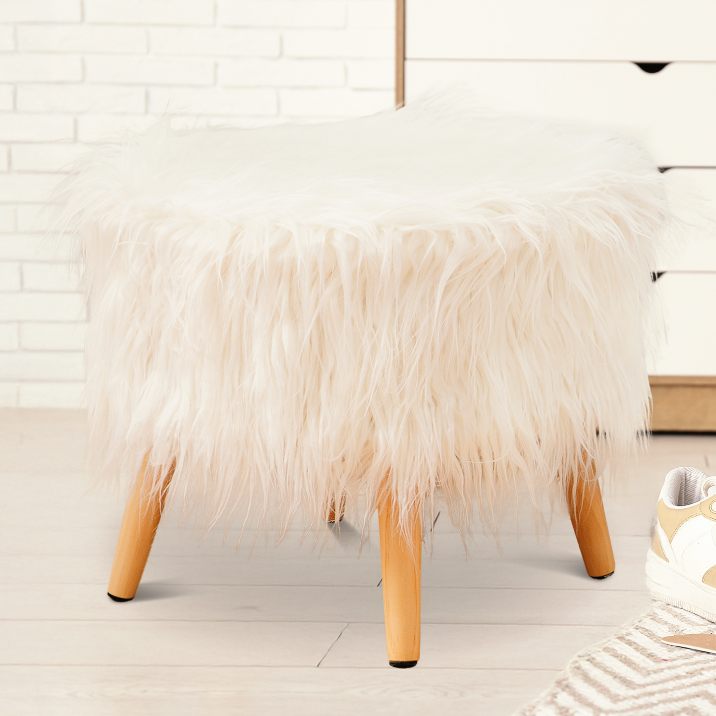 Cheer Collection Faux Fur Wood Leg Stool, White