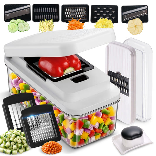 Cheer Collection 7 Blade Vegetable Slicer and Chopper with Container and Lid Black and White