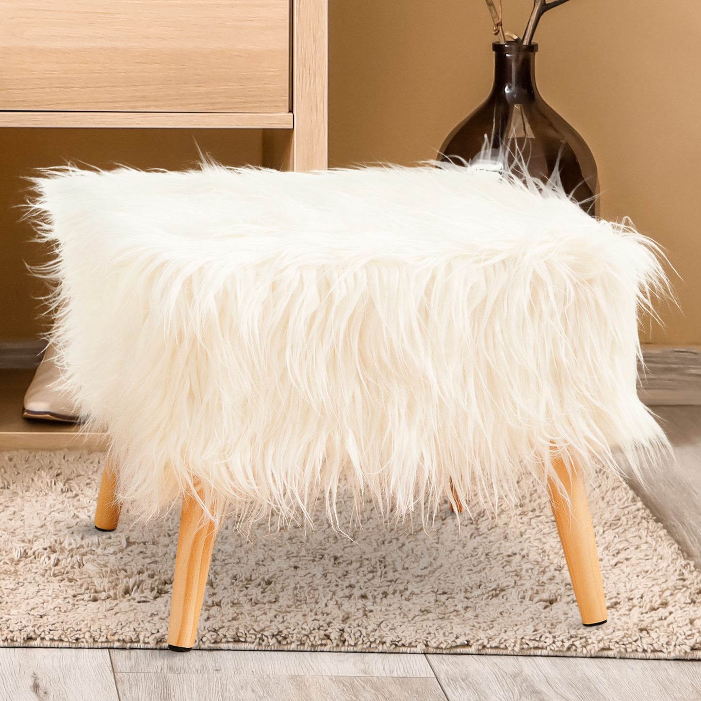 Cheer Collection Faux Fur Wood Leg Stool, White