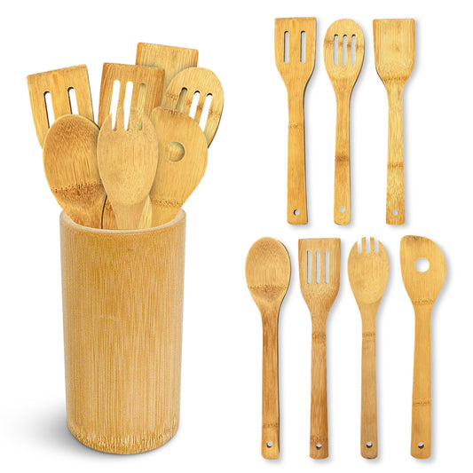 Cheer Collection 8 Piece Bamboo Cooking Utensil Set with Holder – Natural Wooden Tools