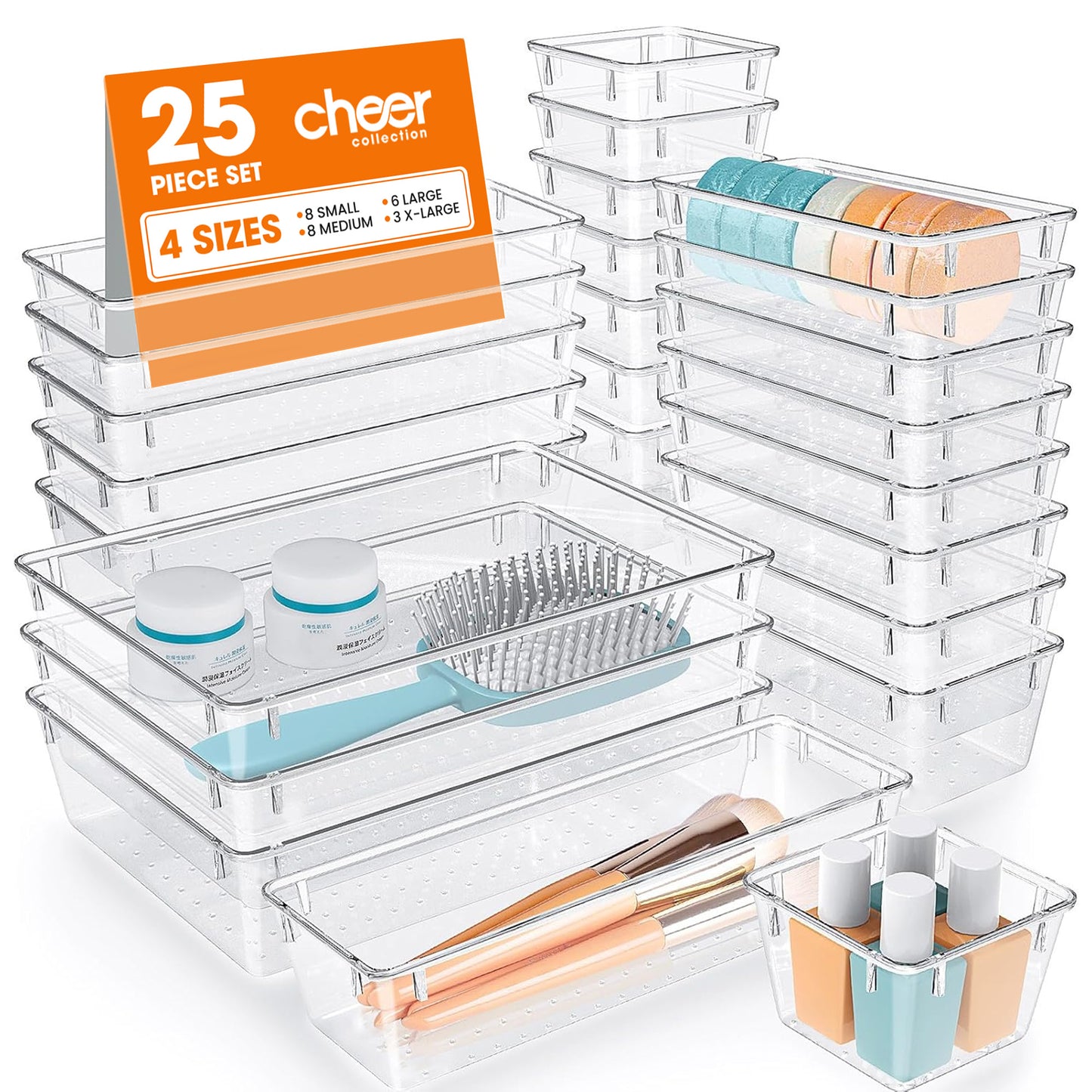 Cheer Collection 25 Piece Clear Plastic Drawer Organizer Set for Makeup, Office, Kitchen & Vanity