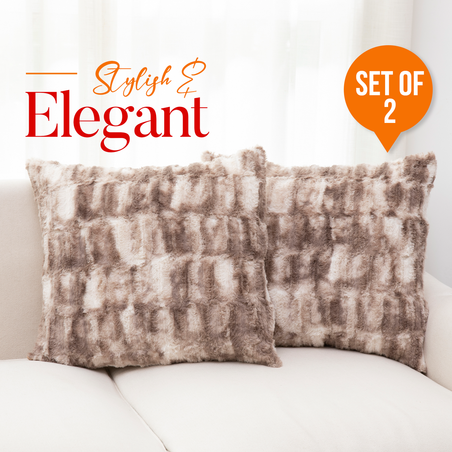 Cheer Collection Decorative Faux Fur Throw Pillow with Inserts – Luxuriously Soft Bamboo Design Accent Pillows – 18” x 18” - Set of 2