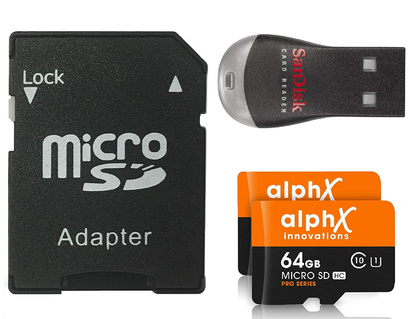 AlphX 64gb 2 Pack Micro SD High Speed Class 10 Memory Cards,Adapter & Sandisk Micro SD Card Reader