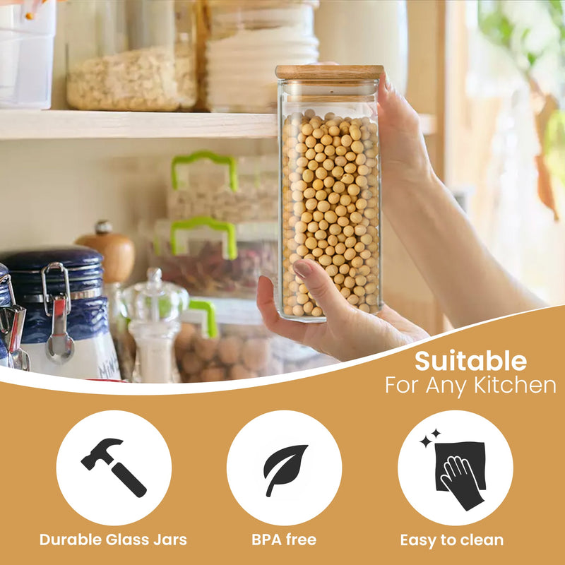 Berkware Square Food Storage Glass Jar Set with Bamboo Lids and Display Stand, 3 Piece Set