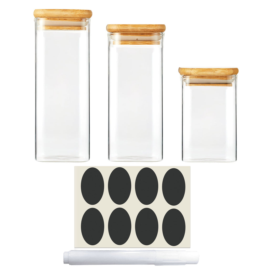 Berkware Square Food Storage Glass Jar Set with Bamboo Lids and Display Stand, 3 Piece Set