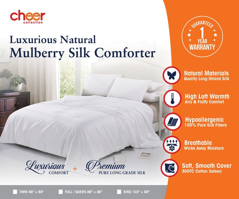 Cheer Collection 100% Mulberry Silk Comforter | Ultra High End Luxury Comforter and Duvet for All Seasons