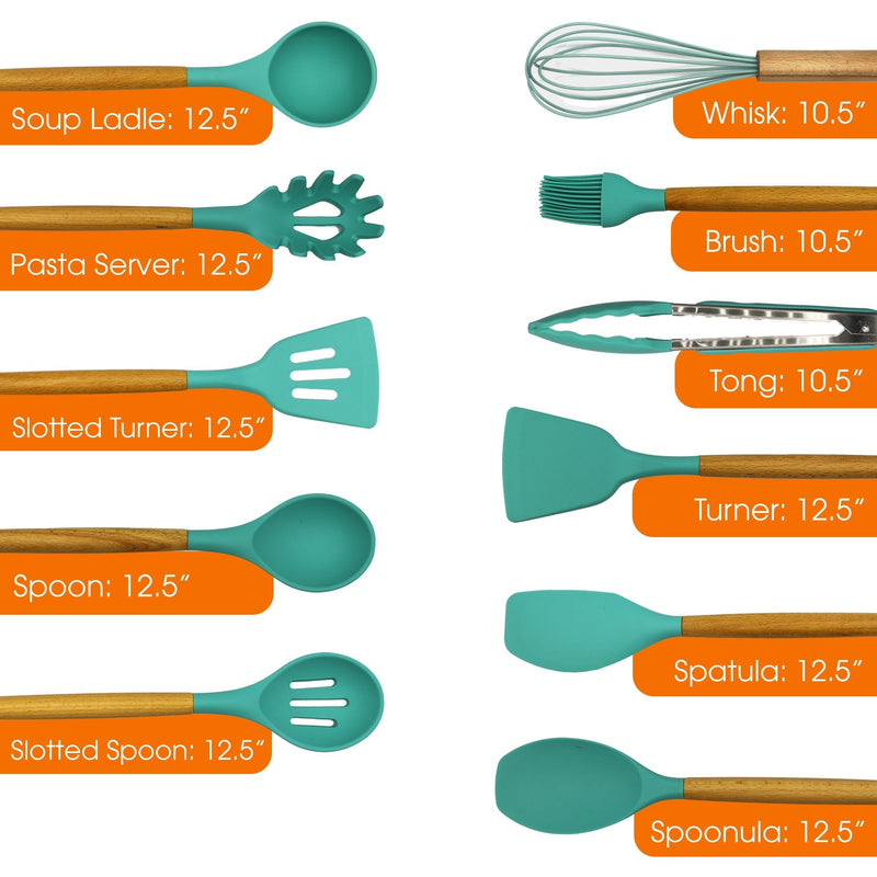 Cheer Collection 12 Piece Silicone Spatula Set with Wooden Handles - Non-Stick Silicone Utensils for Cooking, Aqua