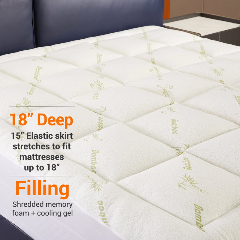 Cheer Collection Bamboo Mattress Topper Filled with Shredded Memory Foam - Cooling Bed Topper for Mattresses