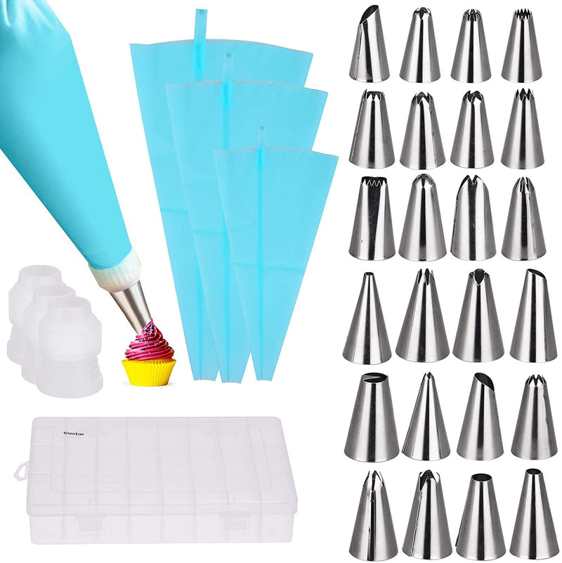 Cheer Collection Cake Decorating Supplies Kit - 30 in 1 cake decorations, 24Pcs Professional Stainless Steel DIY Icing Tips with 3 Reusable Coupler & Storage Case & 3 Sizes Silicone Cake Decorating Pastry Bags