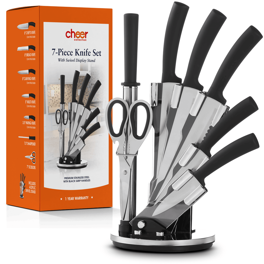 Cheer Collection Chef Knife Set (7 Piece) with Rotating Stand - Sharp Serrated and Standard Blades - Cheer Collection