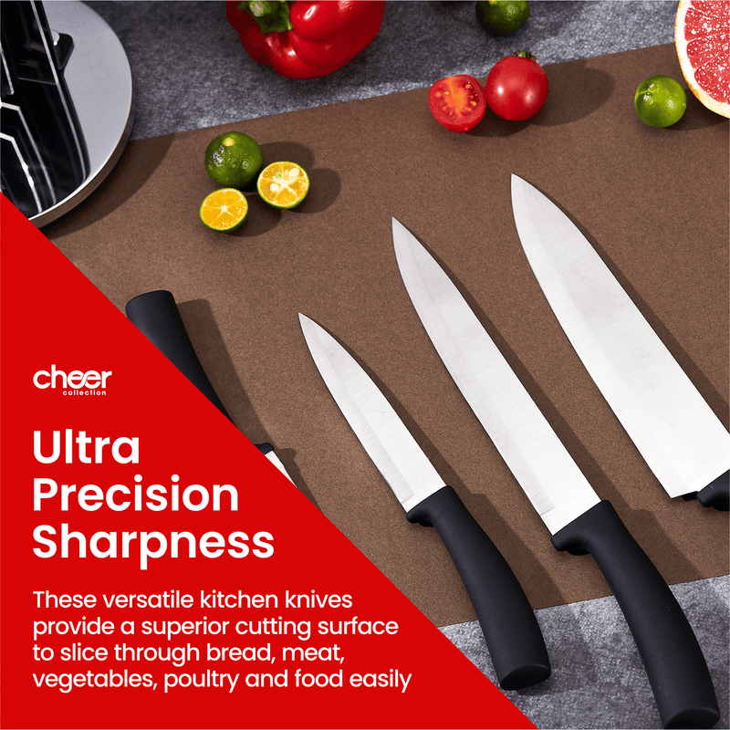 Cheer Collection Chef Knife Set (7 Piece) with Rotating Stand - Sharp Serrated and Standard Blades