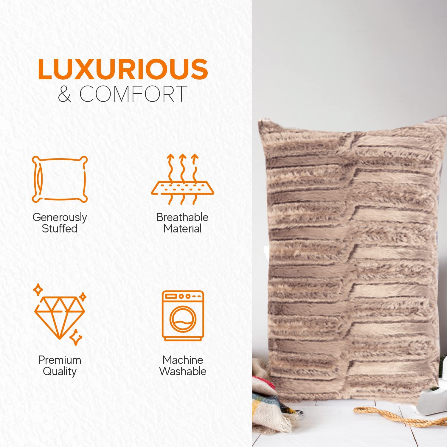 Cheer Collection Decorative Faux Fur Throw Pillow with Inserts - Luxuriously Soft Bamboo Design Accent Pillows – 12” x 20” - Set of 2 - Cheer Collection