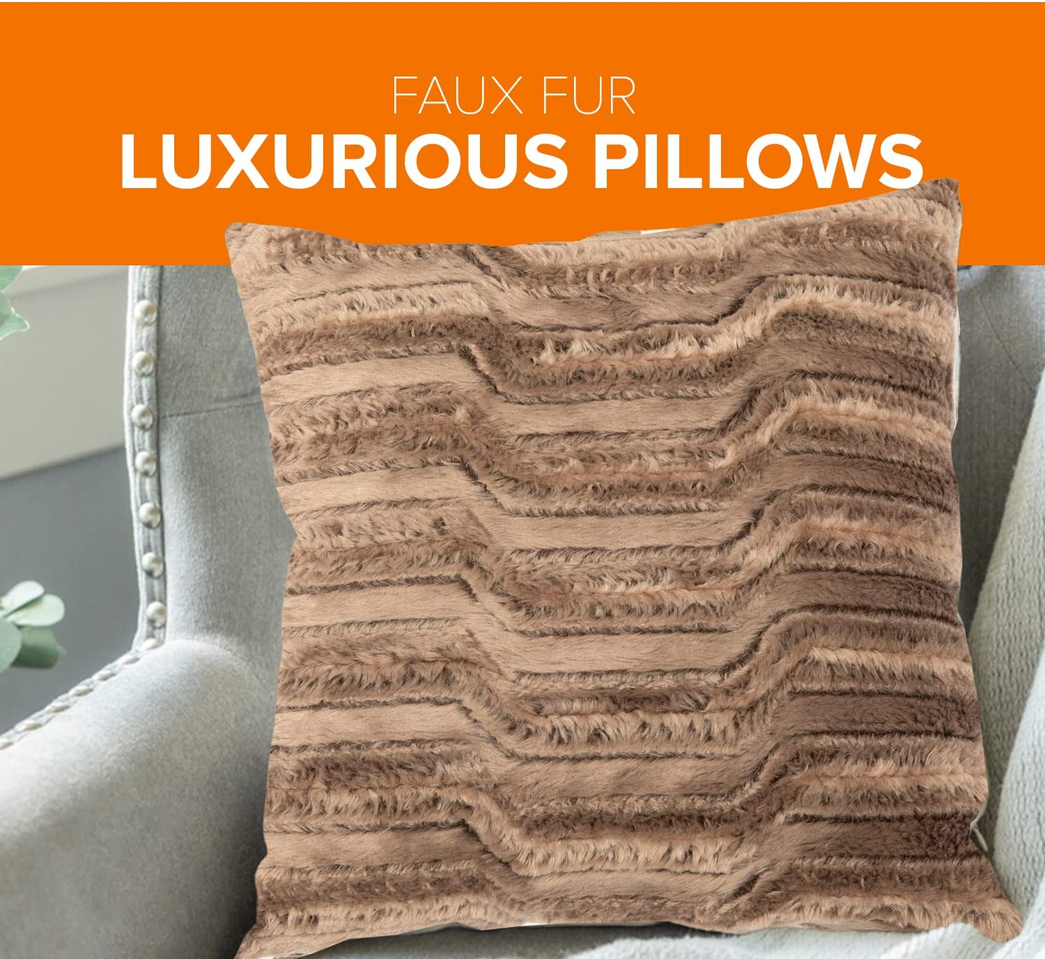 Cheer Collection Decorative Faux Fur Throw Pillow with Inserts – Luxuriously Soft Bamboo Design Accent Pillows – 18” x 18” - Set of 2 - Cheer Collection
