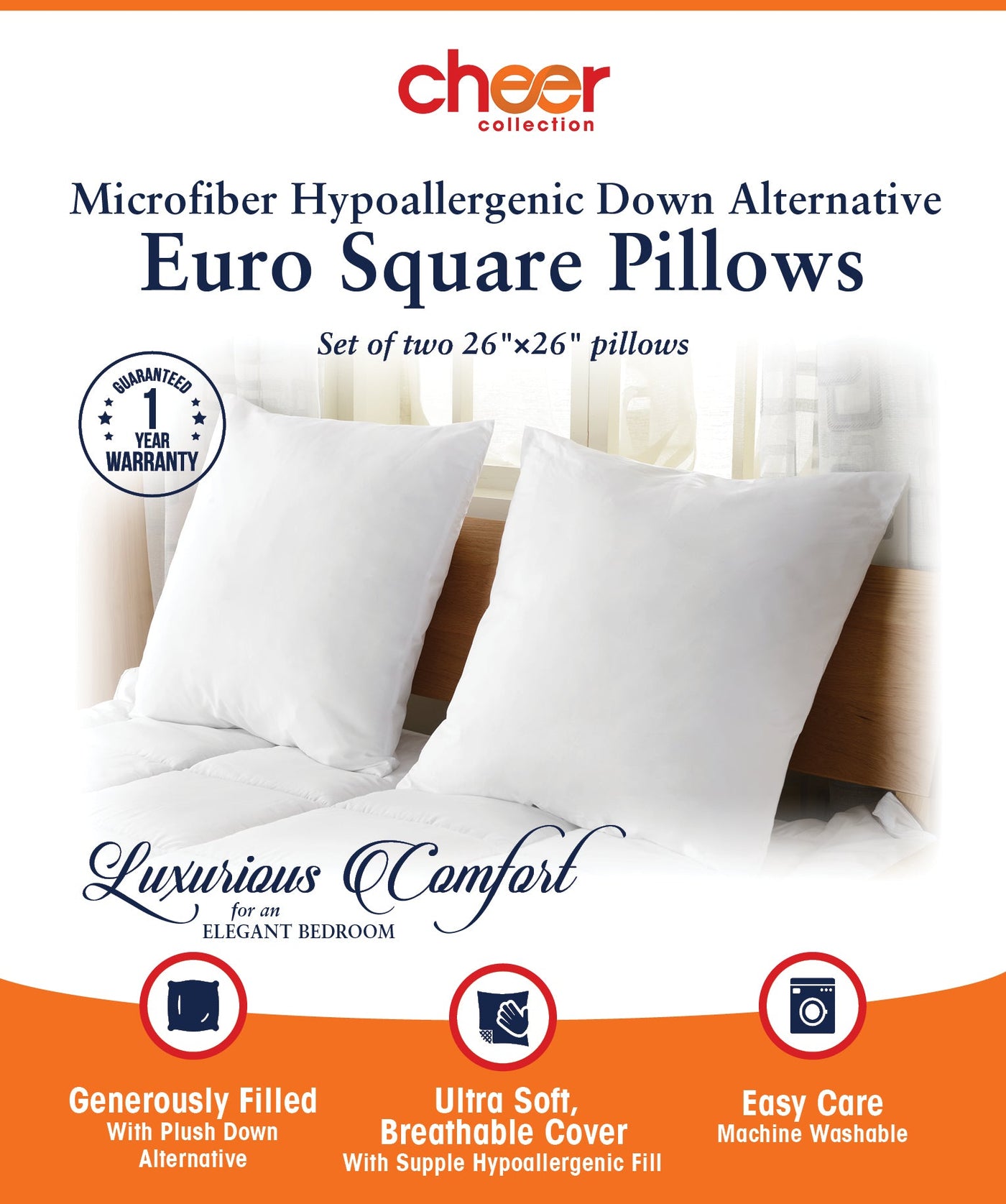 Square Pillow Insert in Down Alternative Microfiber