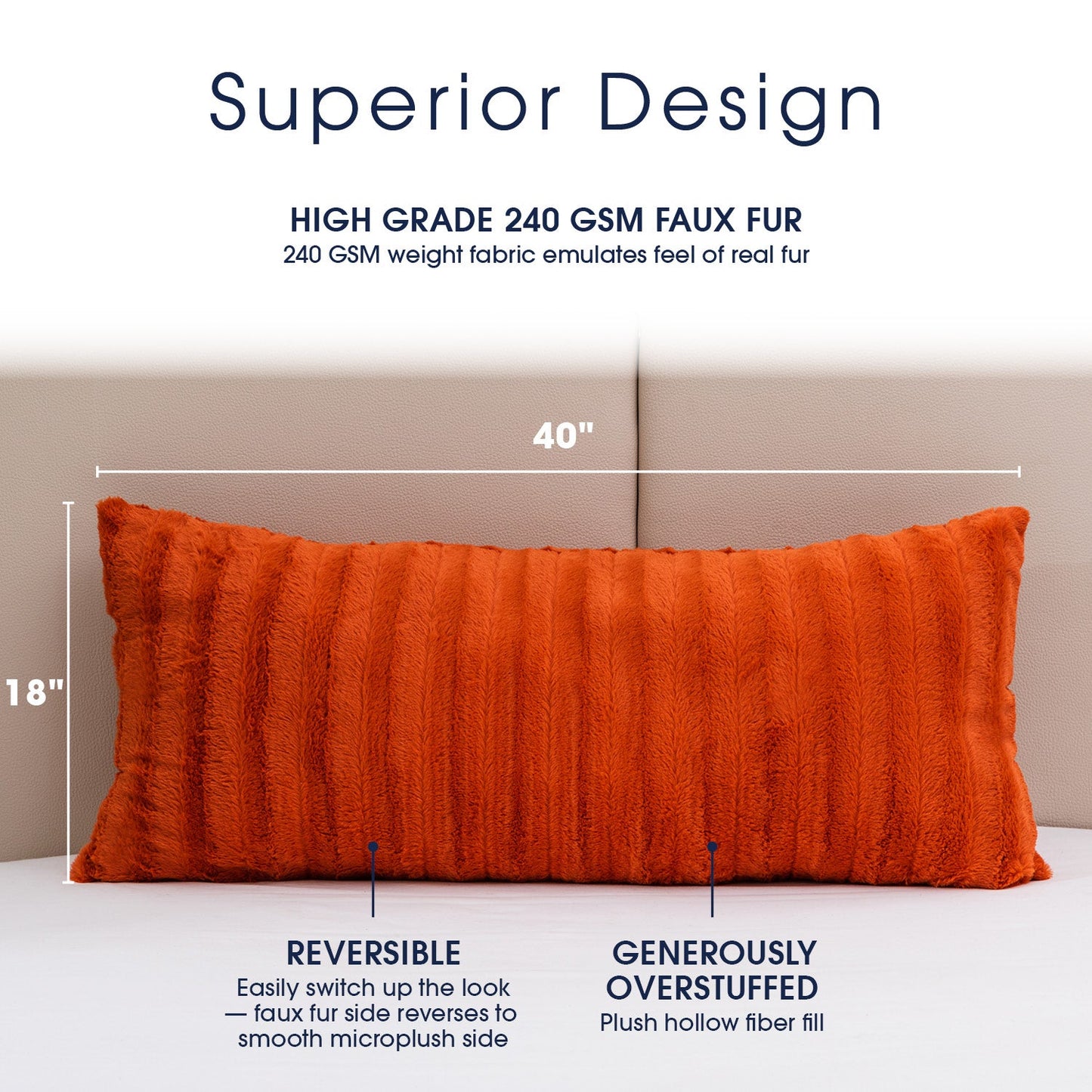 Cheer Collection Faux Fur Throw Pillow - 18" x 40" Long Decorative Body Pillow for Bed or Couch