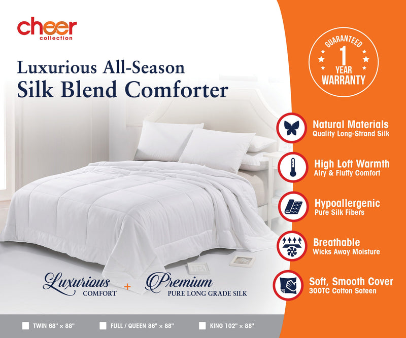 Cheer Collection Luxury Silk Comforter | 50% Natural Silk 50% Down Alternative Hypoallergenic Comforter and Duvet for All Seasons