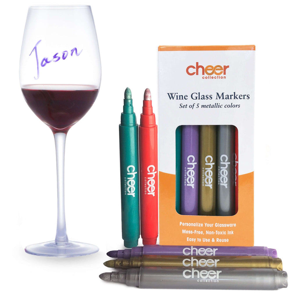 Cheer Collection Metallic Colors Wine Glass Markers, Pack of 5 Washable Pens, Easy Erase, Dries Fast