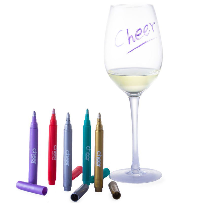 Cheer Collection Metallic Colors Wine Glass Markers, Pack of 5 Washable Pens, Easy Erase, Dries Fast