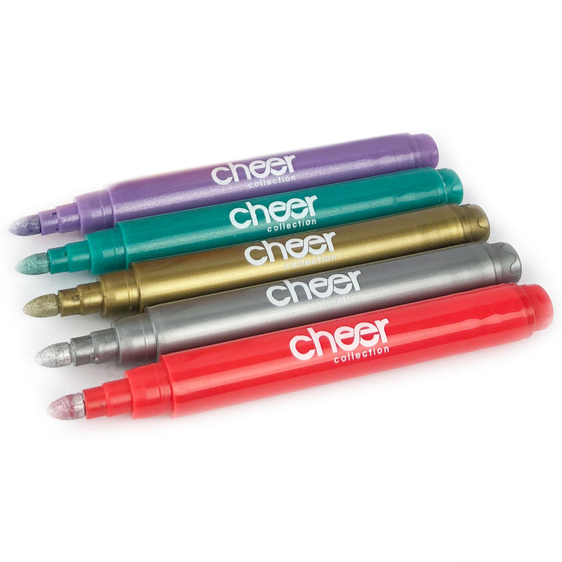 Cheer Collection Metallic Colors Wine Glass Markers, Pack of 5 Washable Pens, Easy Erase, Dries Fast