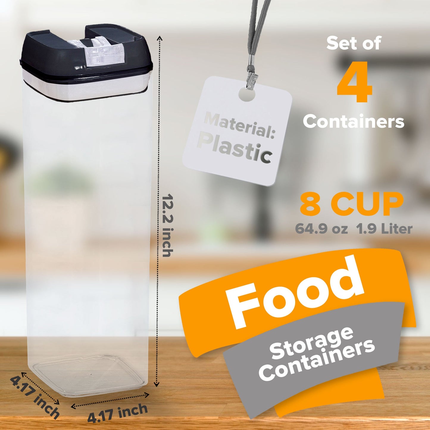Cheer Collection One Size Airtight Food Storage Containers - Set of 4 IDENTICAL 65 oz Pantry Organizer Bins plus Marker and Labels