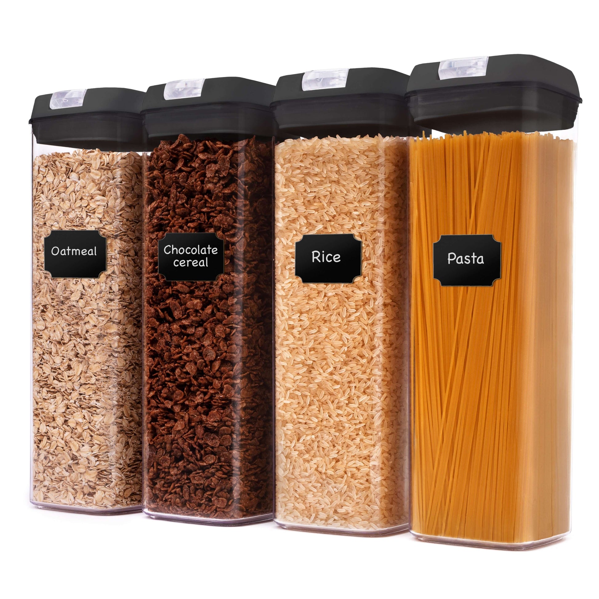 Set of 4 IDENTICAL 65 oz Pantry Organizer Bins plus Marker and Labels Black
