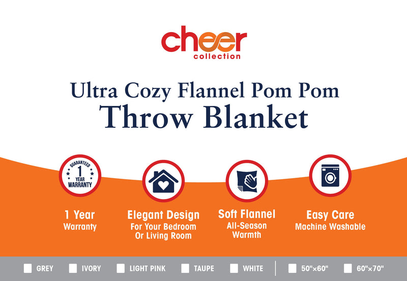 Cheer Collection Pom Pom Flannel Blanket | Ultra Soft on Skin, Lightweight Bed or Couch Throw Blanket with Pompoms