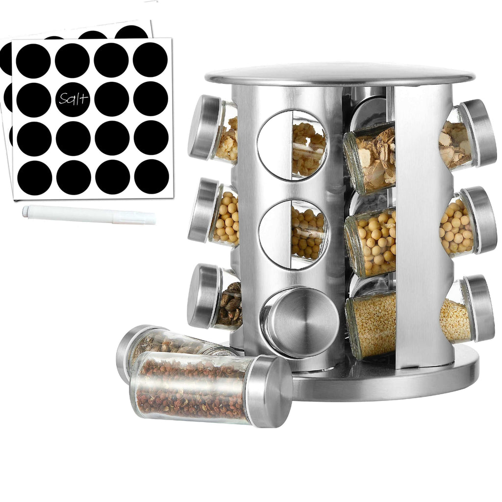 Cheer Collection Rotating Spice Rack for Countertop with 12 Jars, Stainless Steel Revolving Storage Organizer for Spices and Seasonings, plus Dry Erase Marker and 48 Reusable Label